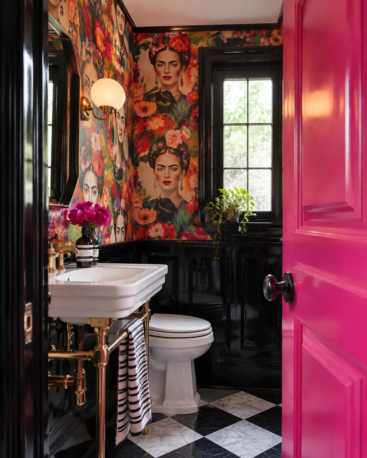 Powder room with Frida Kahlo wallpaper, glossy black trim and a hot pink door